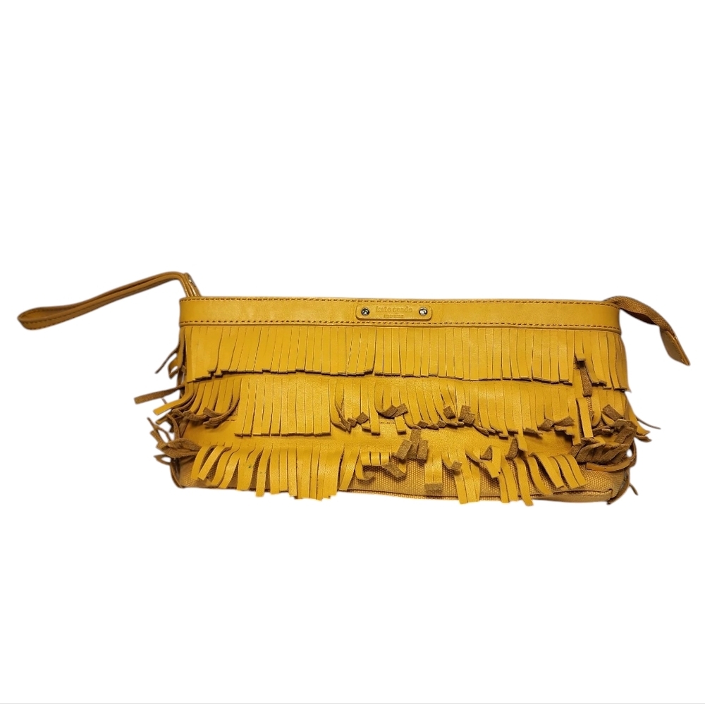 Kate‎ Spade dark yellow fringe leather hippie boho soho clutch wristlet handbag